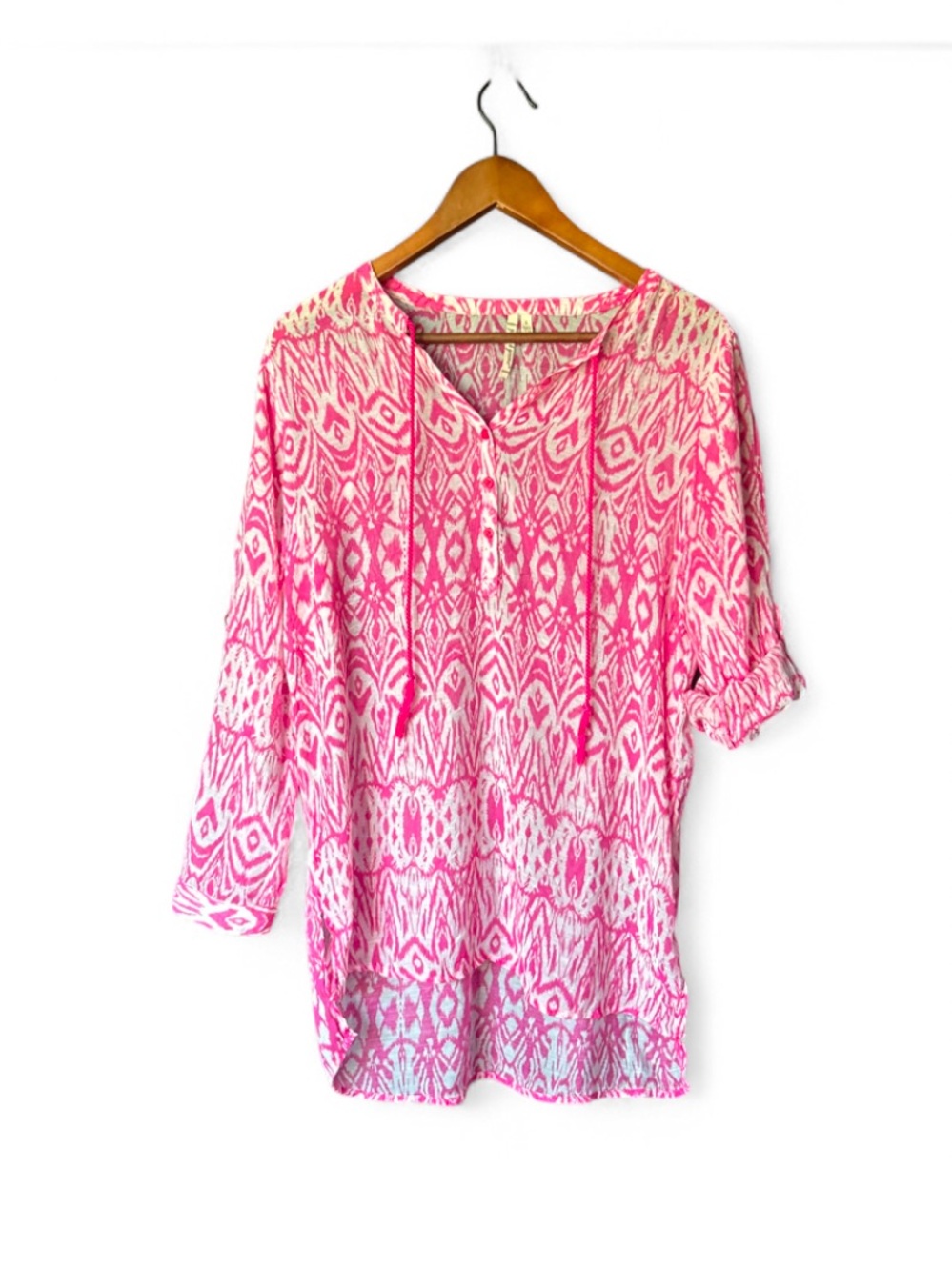 grand & greene Pink & White Ikat Printed Tie-Neck Tunic